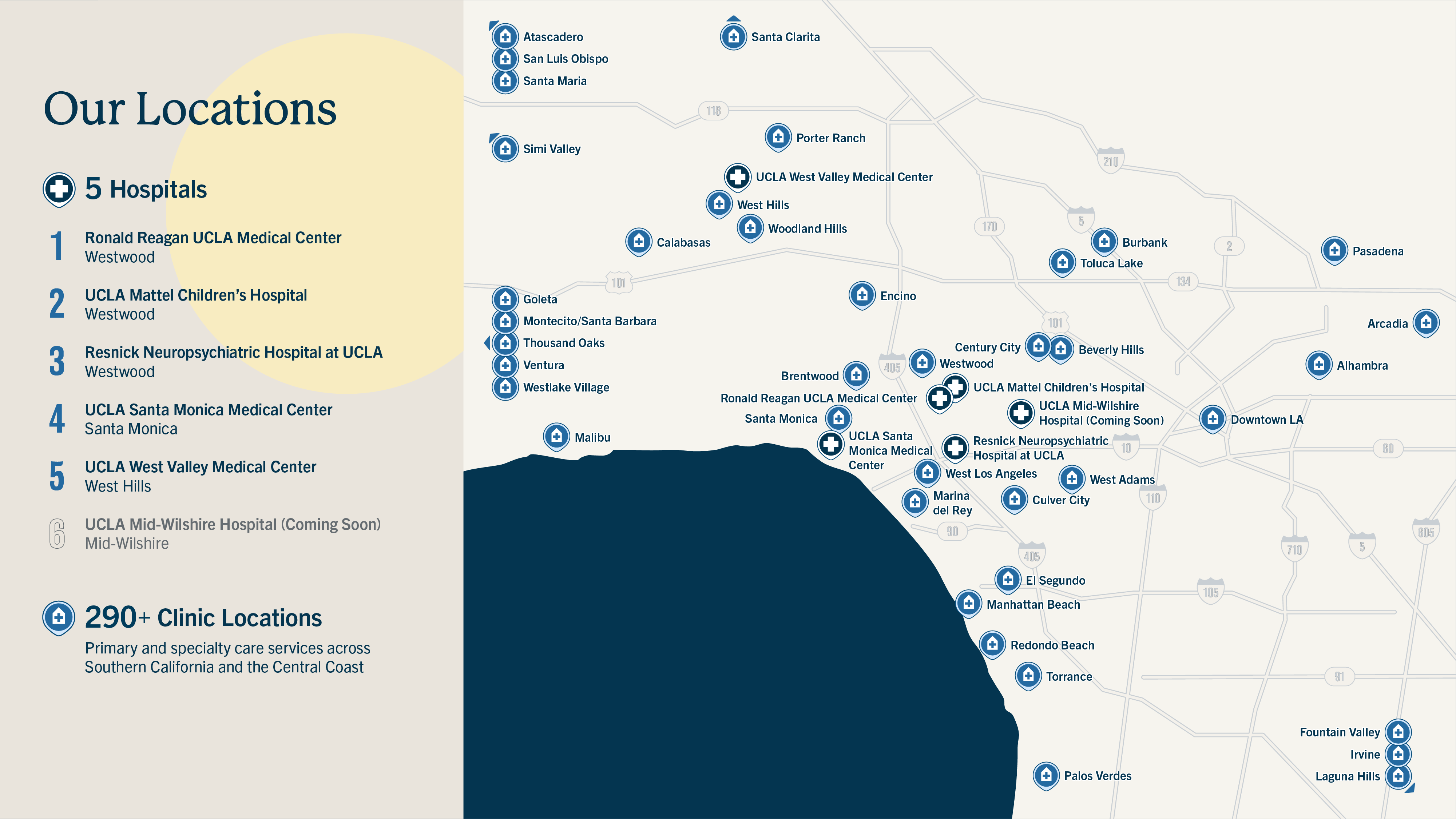 UCLA Health 南加州基础医疗地点和在线预约服务地图